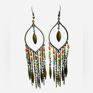 Bohemian dangle earrings with multi-color beads and antiqued metal leafs tribal